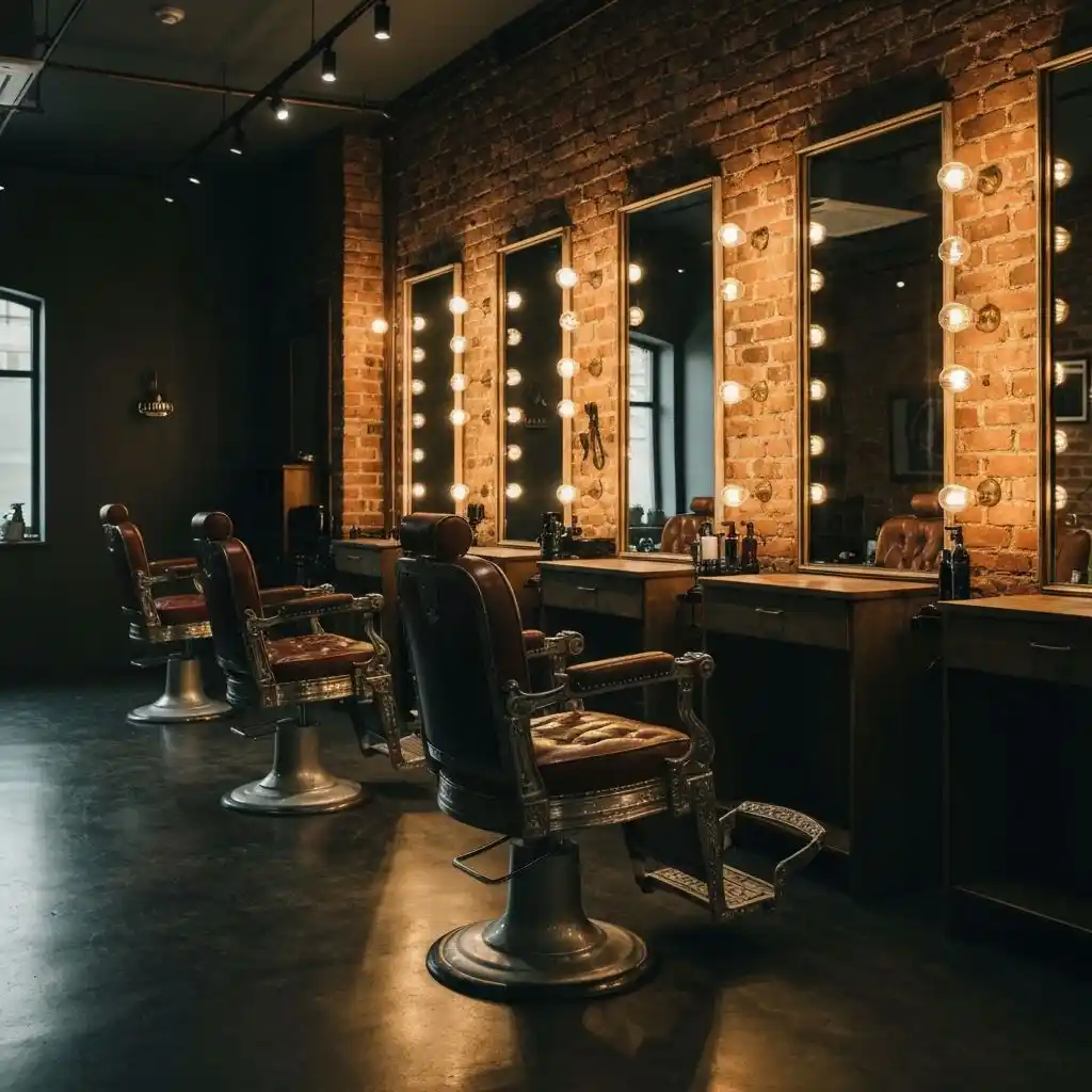Interior of Ironside Barber Co. featuring vintage leather chairs and warm ambient lighting
