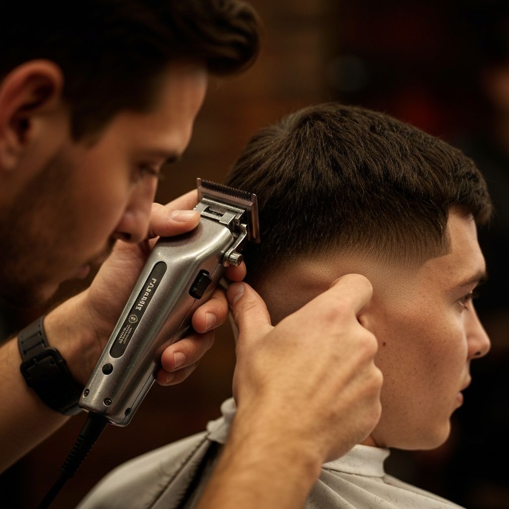 Barber performing a precision clipper fade technique